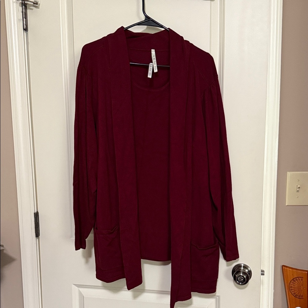 Leo & Nicole Burgundy Cardigan Sweater Set with sweater tank